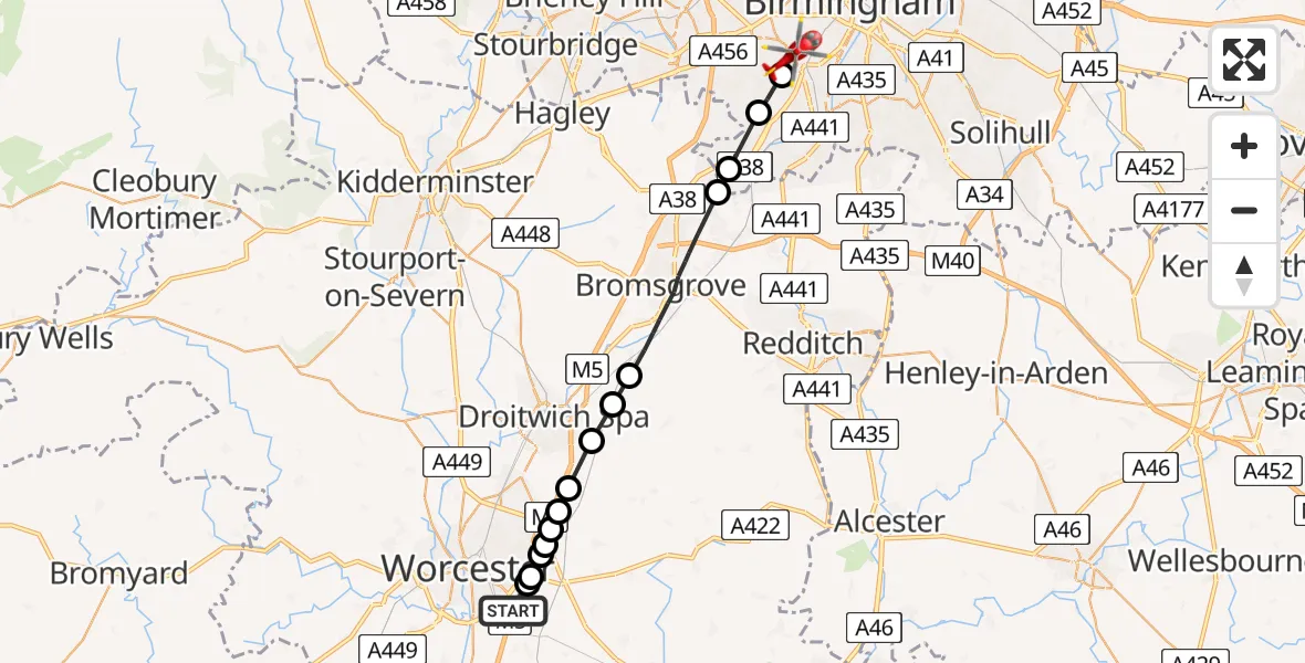 Flight route Air Ambulance Helicopter Wychavon - Metchley, 05 May 2026, 16:12