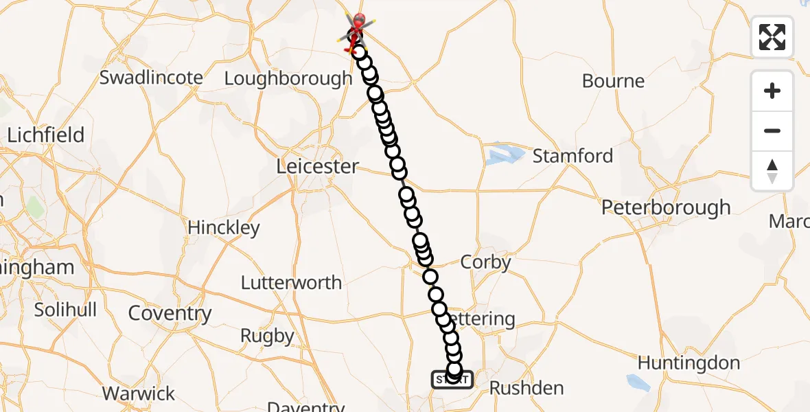 Flight route Air Ambulance Helicopter Sywell Aerodrome - Nottingham Heliport, 05 May 2026, 16:19