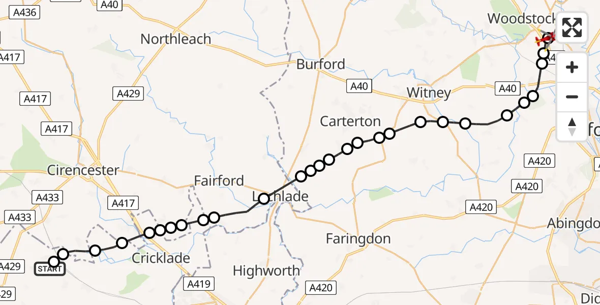 Flight route Air Ambulance Helicopter Oaksey Park Airfield - London Oxford Airport, 05 May 2026, 16:25
