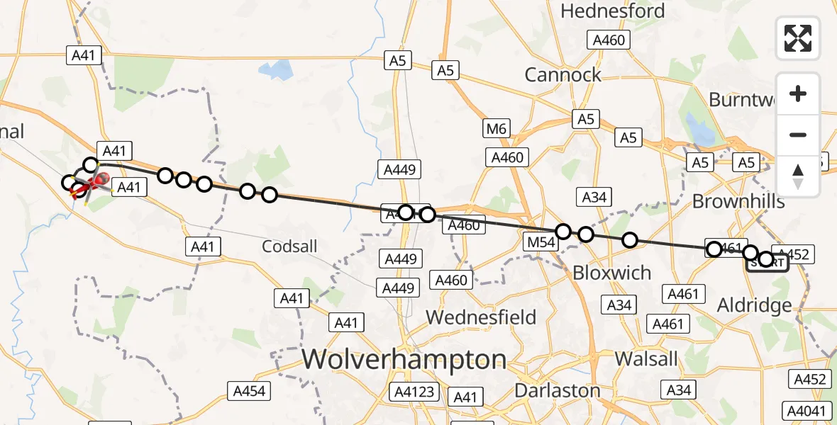Flight route Air Ambulance Helicopter Aldridge - Cosford, 05 May 2026, 16:34