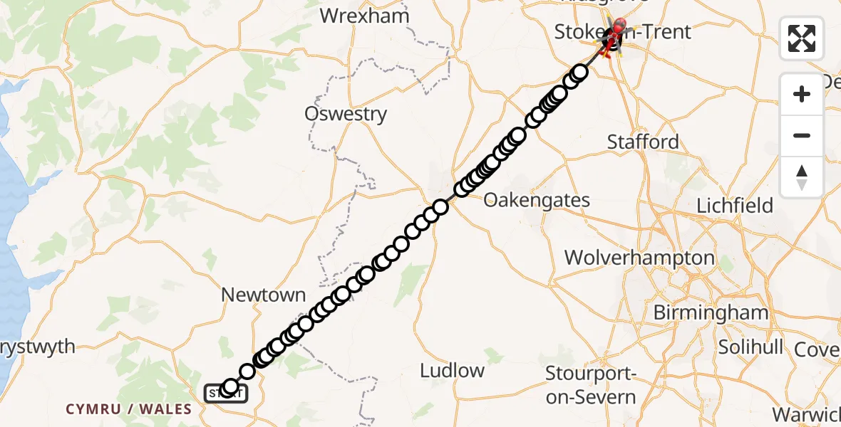 Flight route Air Ambulance Helicopter Abbey Cwmhir - University Hospital North Staffs, 05 May 2026, 16:36