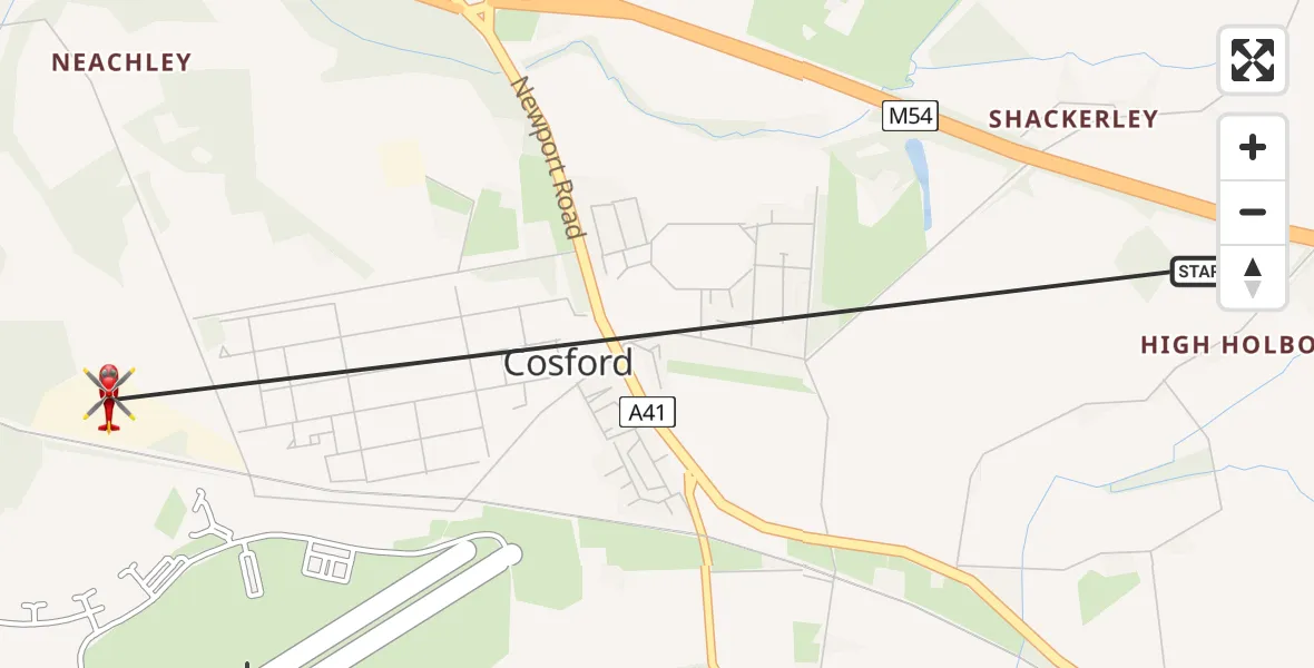 Flight route Air Ambulance Helicopter Cosford - Cosford, 05 May 2026, 16:46