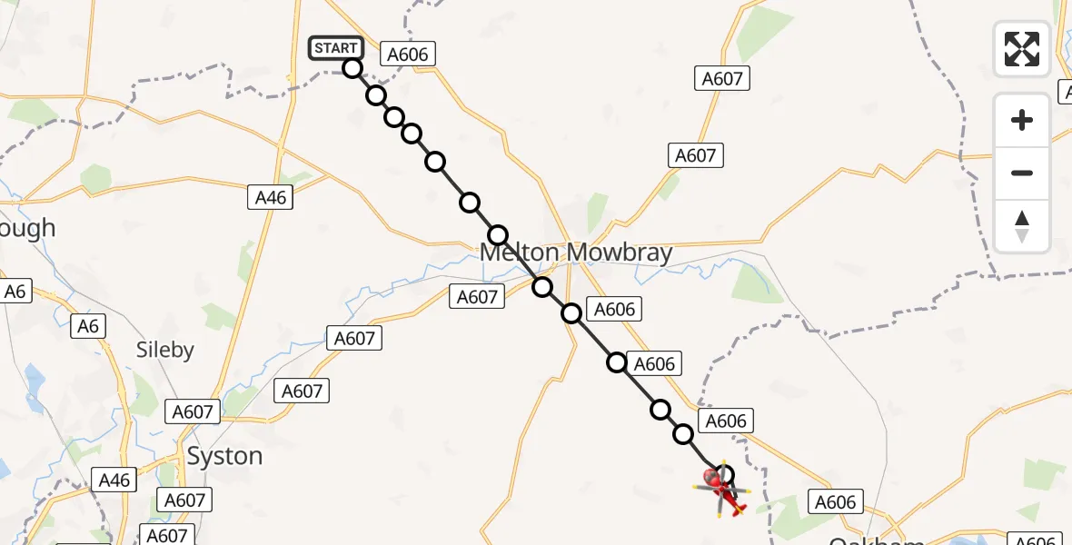 Flight route Air Ambulance Helicopter Hickling - Cold Overton, 05 May 2026, 16:49
