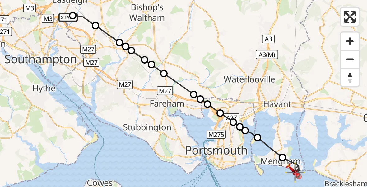 Flight route Air Ambulance Helicopter Southampton Airport - English Channel, 05 May 2026, 16:50