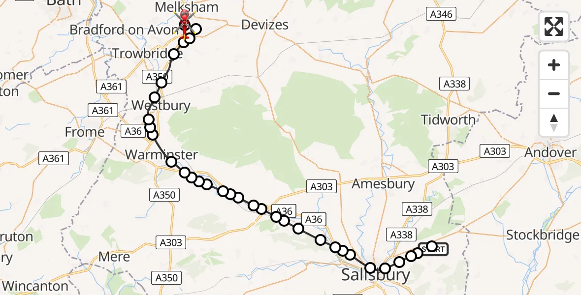 Flight route Air Ambulance Helicopter West Winterslow - Wiltshire Air Ambulance, 05 May 2026, 16:50