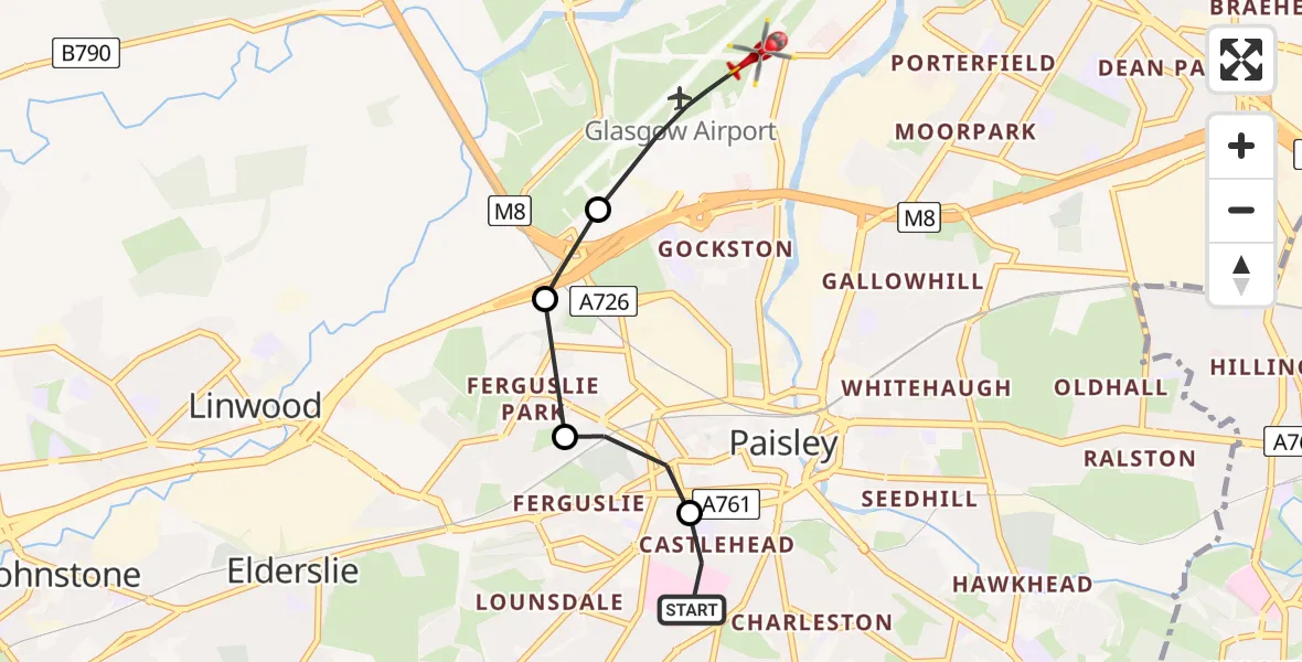 Flight route Air Ambulance Helicopter Royal Alexandria Hospital Paisley - Glasgow Airport, 05 May 2026, 16:54