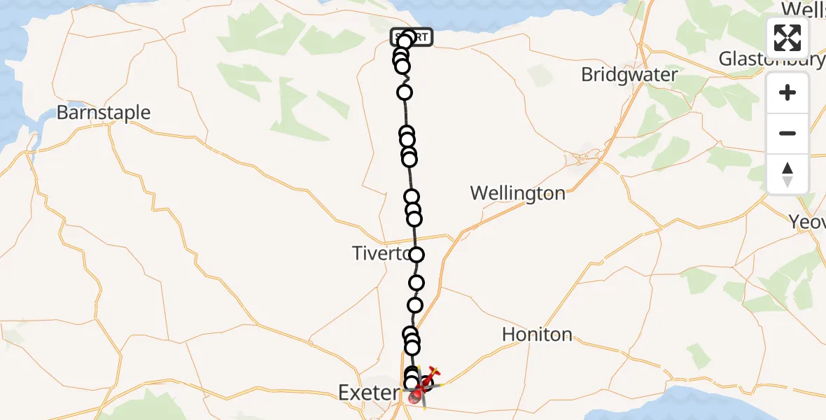 Flight route Air Ambulance Helicopter Dunster - Exeter International Airport, 05 May 2026, 17:01