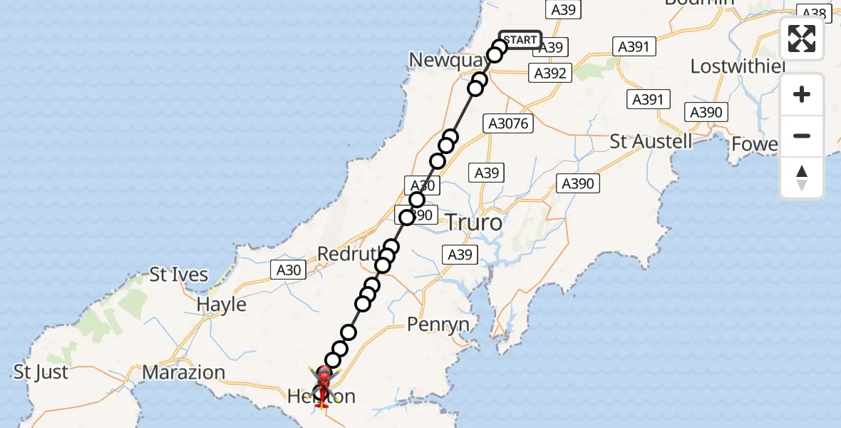 Flight route Air Ambulance Helicopter Cornwall Airport Newquay - Helston, 05 May 2026, 17:13