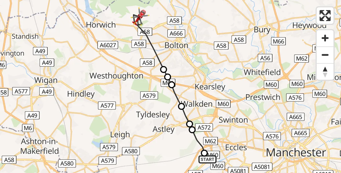 Flight route Air Ambulance Helicopter Manchester Barton Aerodrome - Bolton, 05 May 2026, 17:44