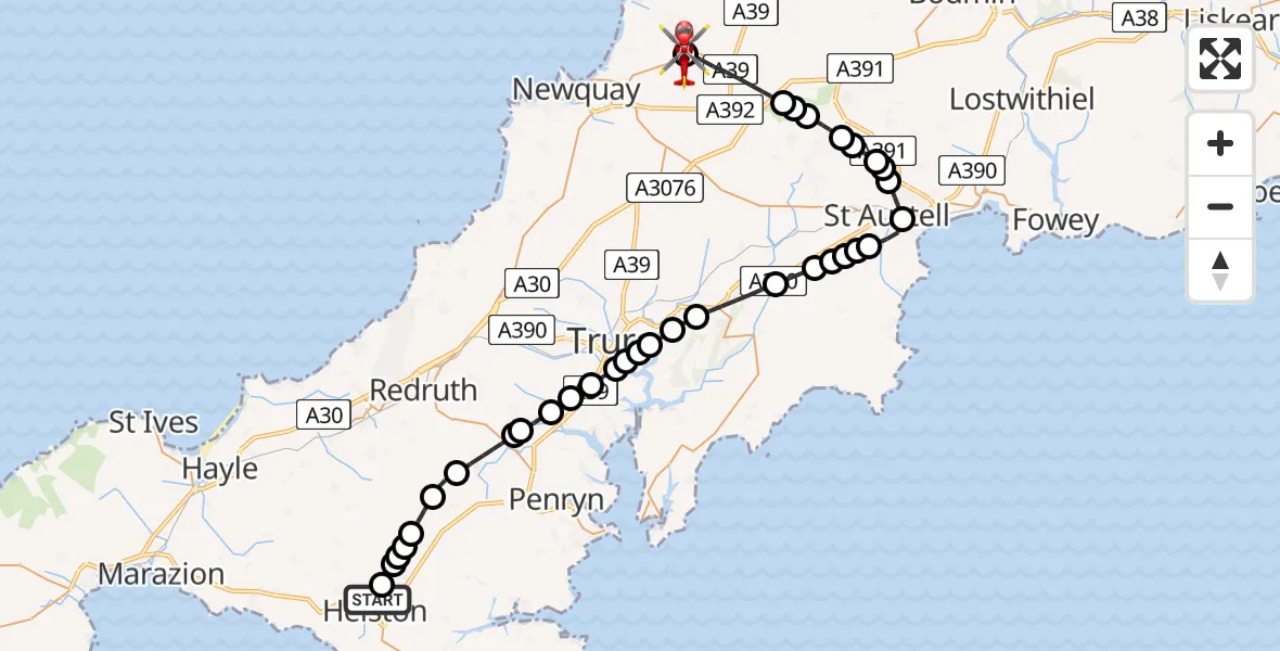 Flight route Air Ambulance Helicopter Helston - Cornwall Airport Newquay, 05 May 2026, 17:58