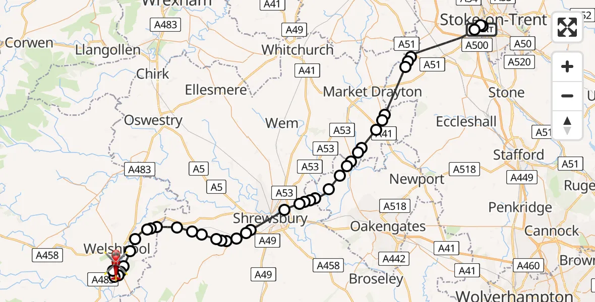 Flight route Air Ambulance Helicopter University Hospital North Staffs - Welshpool Airport, 05 May 2026, 18:06