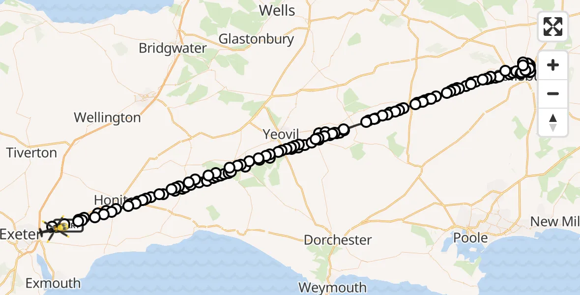 Flight route Police Helicopter Whimple - Exeter International Airport, 05 May 2026, 18:10