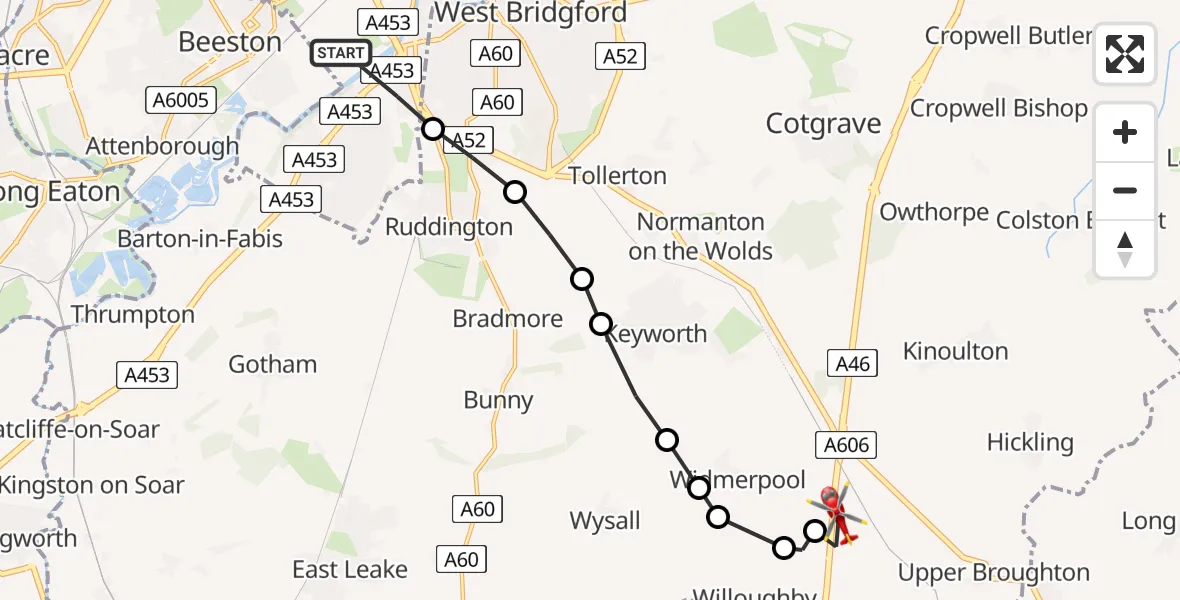 Flight route Air Ambulance Helicopter City of Nottingham - Nottingham Heliport, 05 May 2026, 18:26