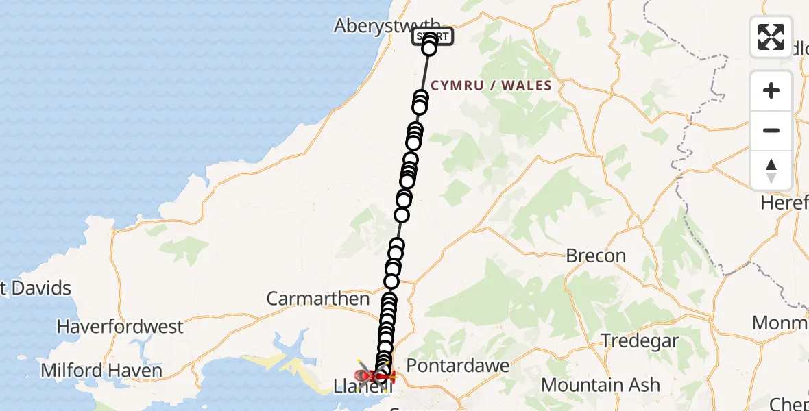 Flight route Air Ambulance Helicopter Melindwr - Dafen, 05 May 2026, 18:53