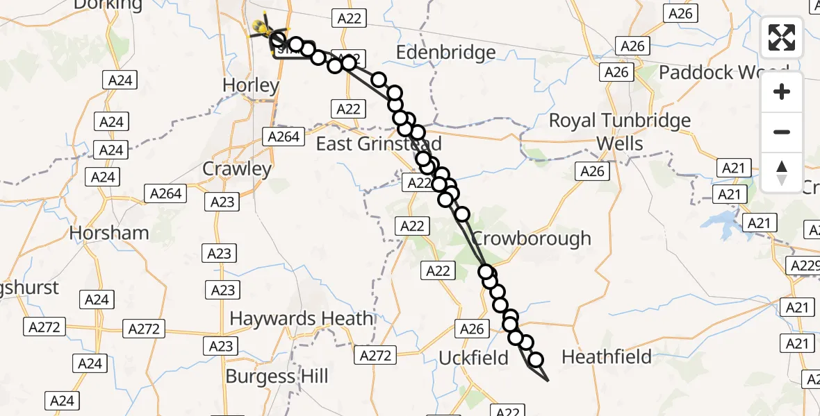 Flight route Police Helicopter Outwood - Tandridge, 05 May 2026, 19:04