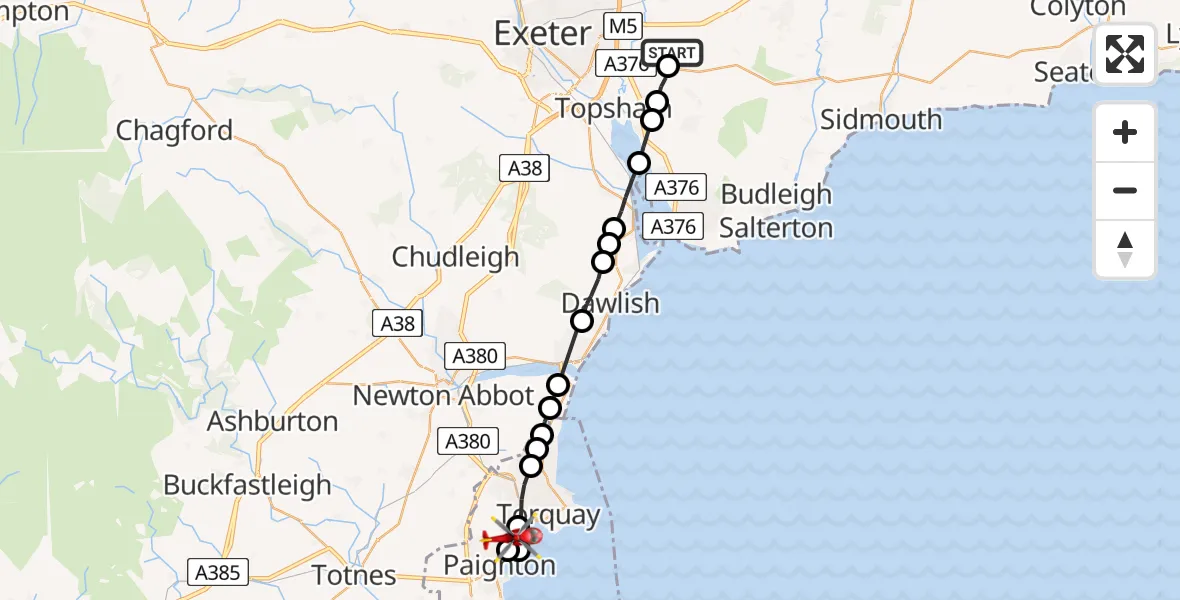 Flight route Air Ambulance Helicopter Clyst Honiton - Paignton, 05 May 2026, 19:05