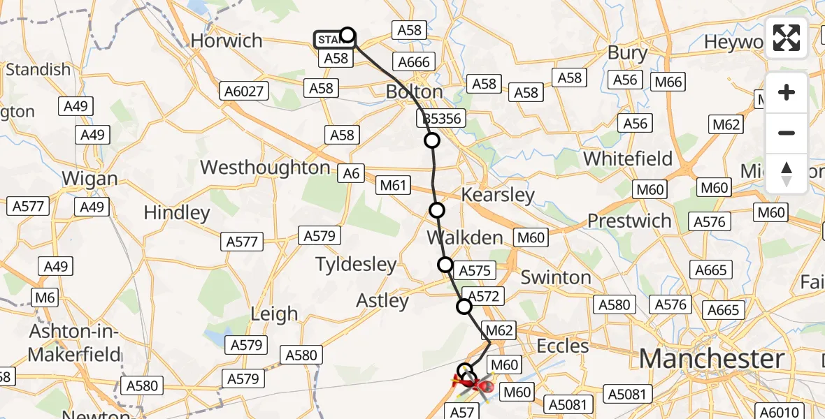 Flight route Air Ambulance Helicopter Bolton - Manchester Barton Aerodrome, 05 May 2026, 19:16