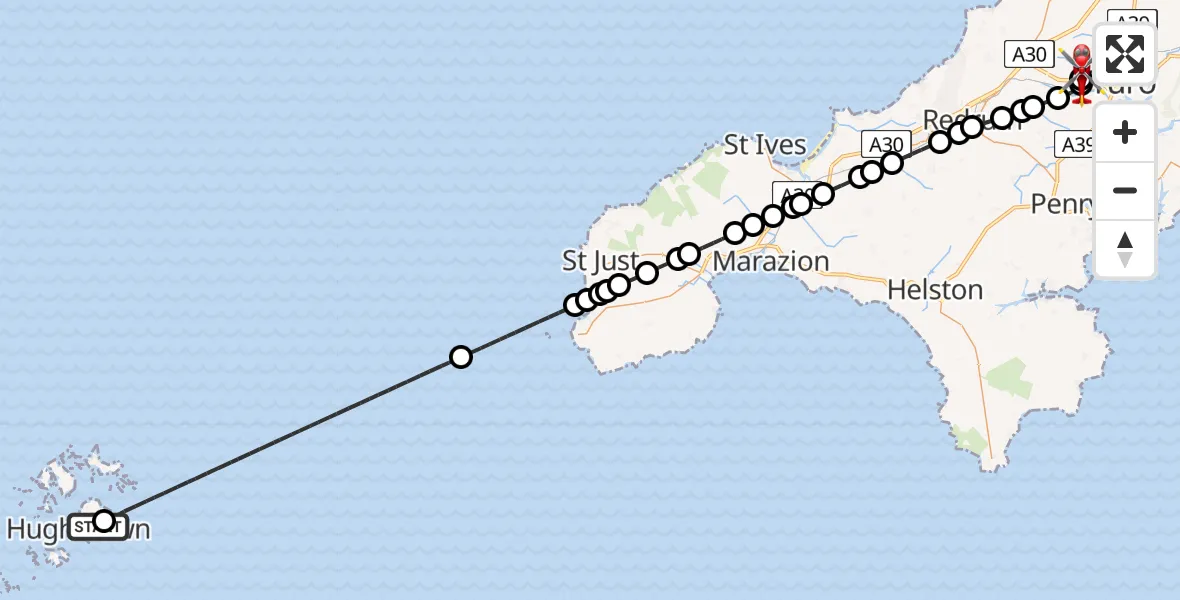 Flight route Air Ambulance Helicopter St. Mary's Airport - Treliske Hospital, 05 May 2026, 19:17