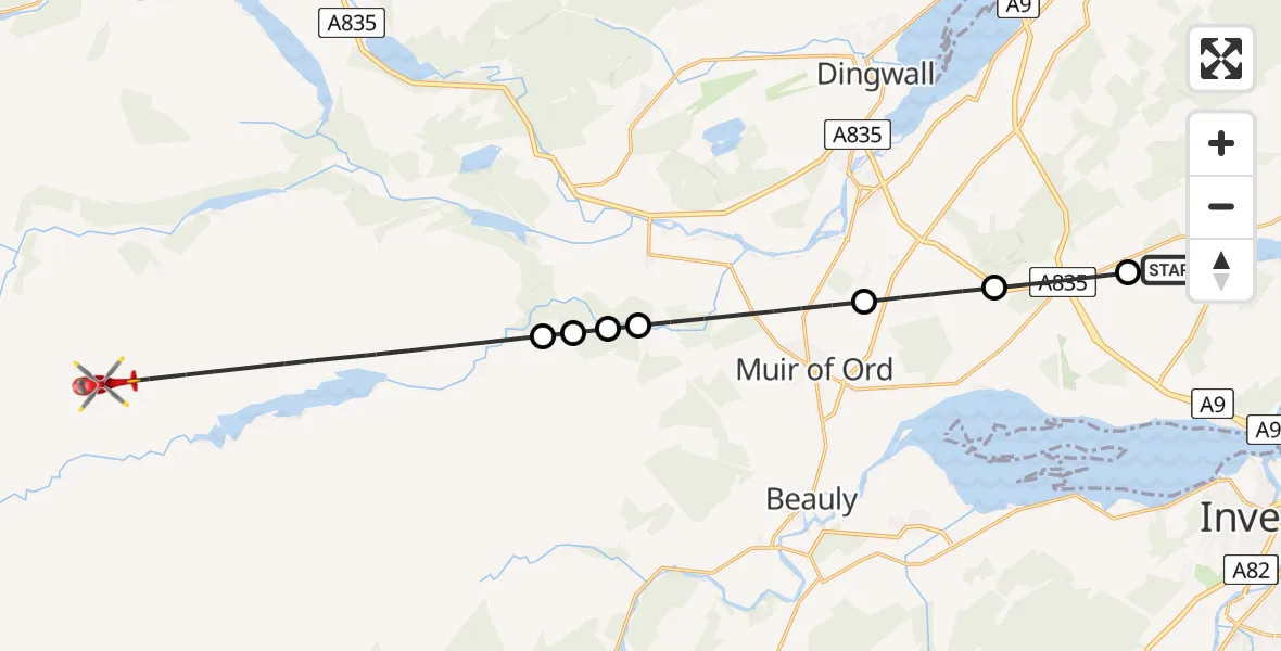 Flight route Air Ambulance Helicopter Munlochy - Highland, 05 May 2026, 19:29