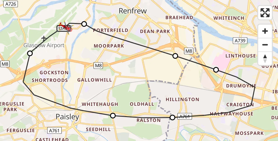 Flight route Air Ambulance Helicopter Glasgow Airport - Glasgow Airport, 05 May 2026, 19:30