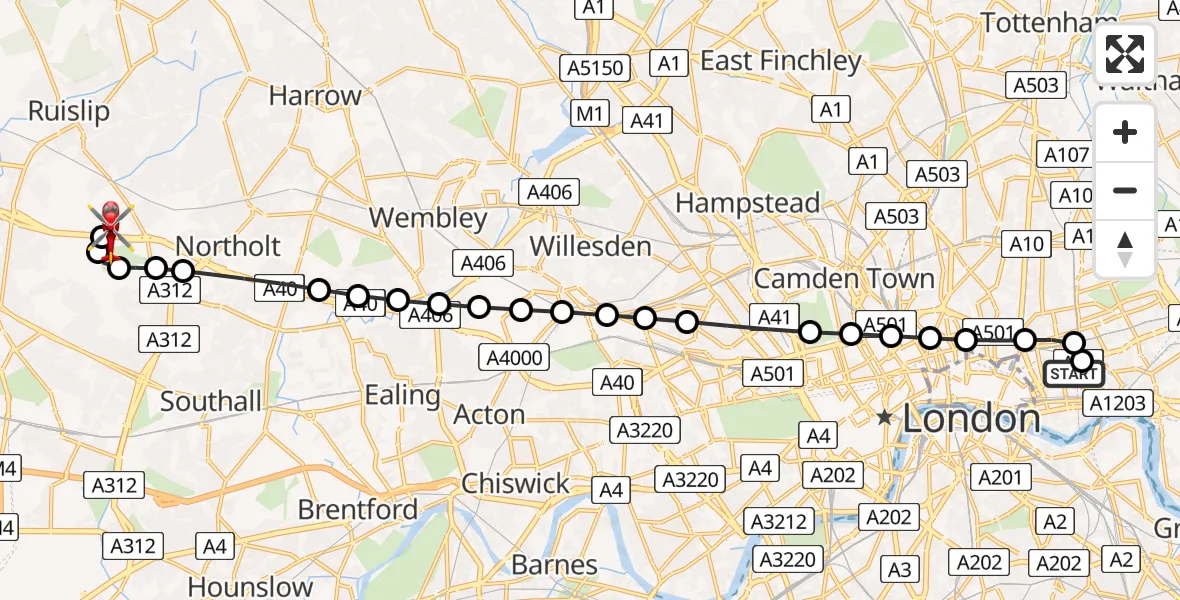 Flight route Air Ambulance Helicopter Royal London Hospital - RAF Northolt, 05 May 2026, 19:31