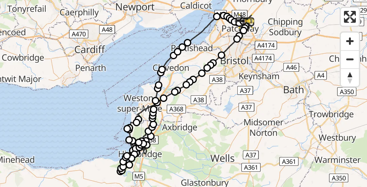 Flight route Police Helicopter Almondsbury Helicopter Base - Almondsbury Helicopter Base, 05 May 2026, 19:33