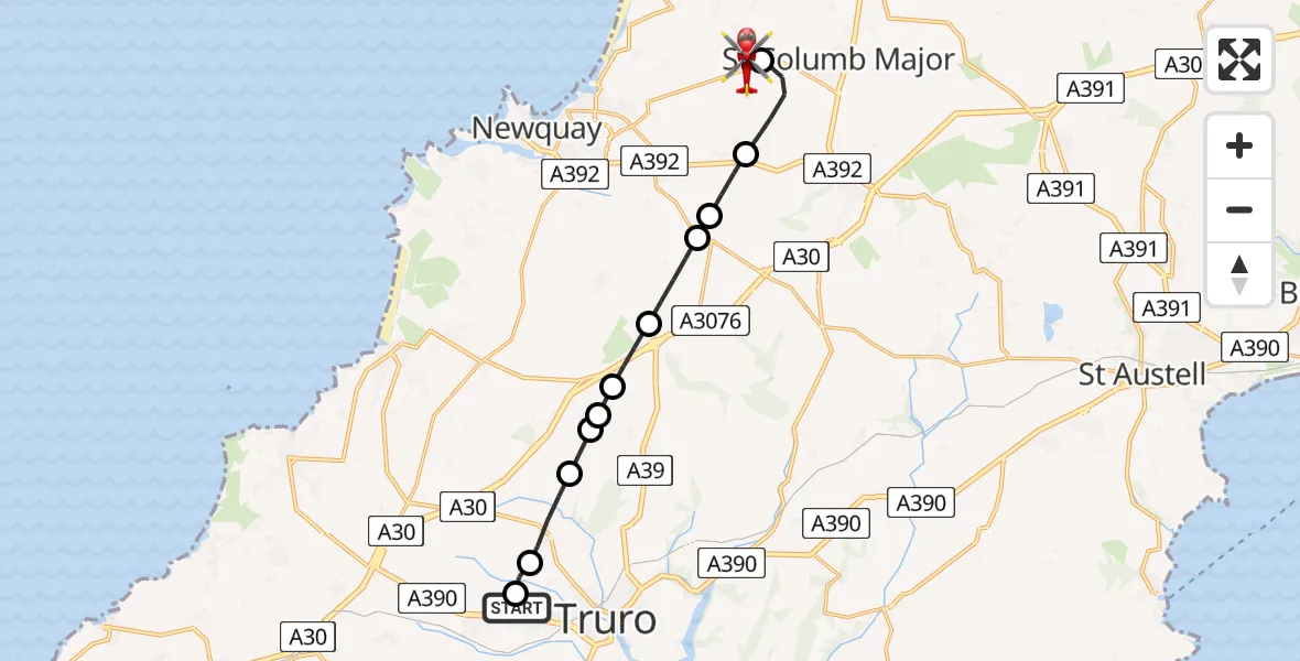 Flight route Air Ambulance Helicopter Treliske Hospital - Cornwall Airport Newquay, 05 May 2026, 20:21