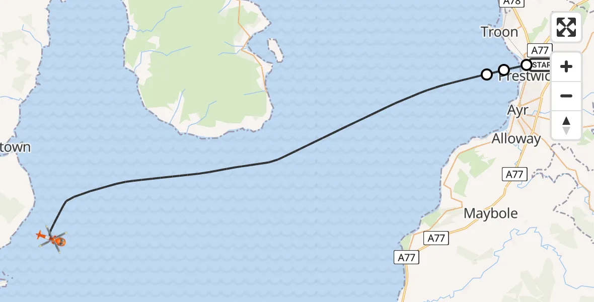 Flight route Coastguard Helicopter Glasgow Prestwick Airport - Inner Seas, 05 May 2026, 20:30