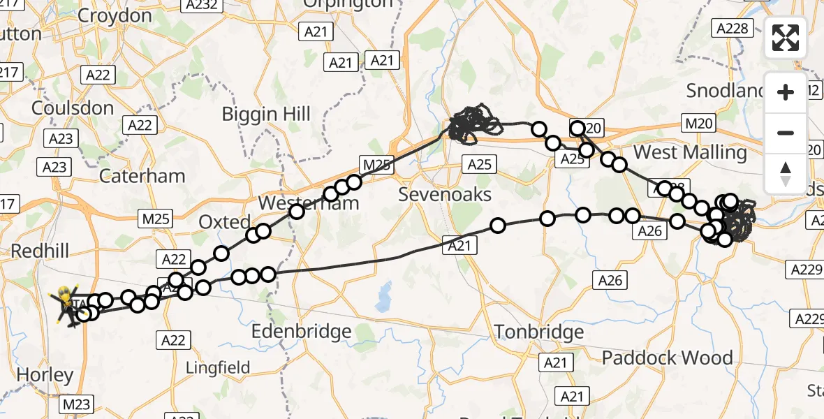 Flight route Police Helicopter Redhill Aerodrome - Tandridge, 05 May 2026, 20:34
