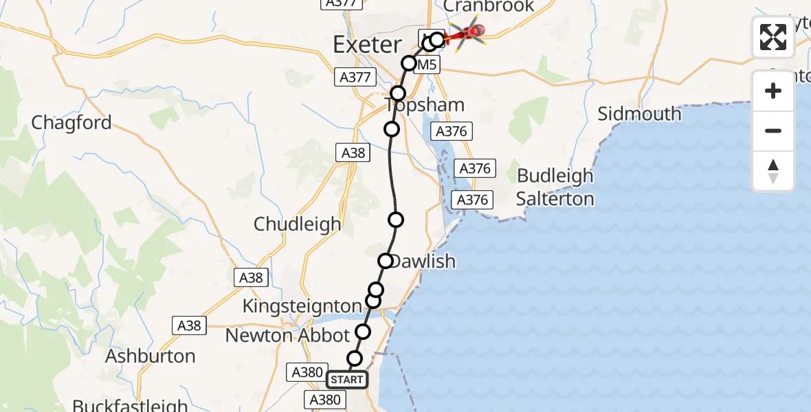 Flight route Air Ambulance Helicopter Teignbridge - Exeter International Airport, 05 May 2026, 20:47