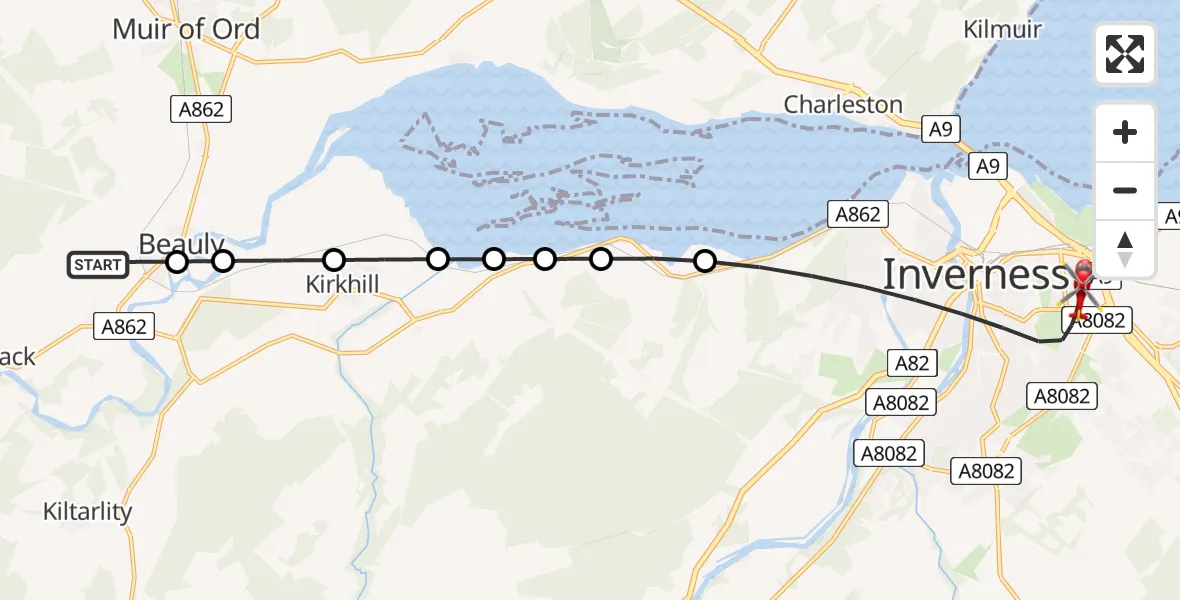 Flight route Air Ambulance Helicopter Beauly - Inverness, 05 May 2026, 20:49
