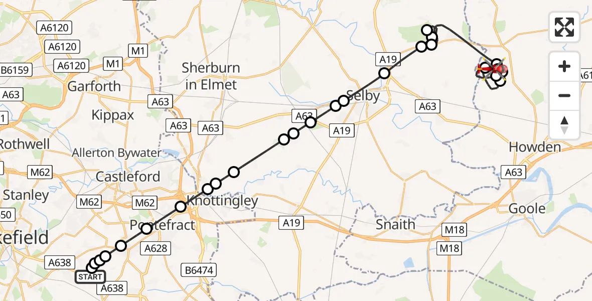 Flight route Air Ambulance Helicopter YAA Nostell Helicopter Port - Breighton Airfield, 05 May 2026, 20:49