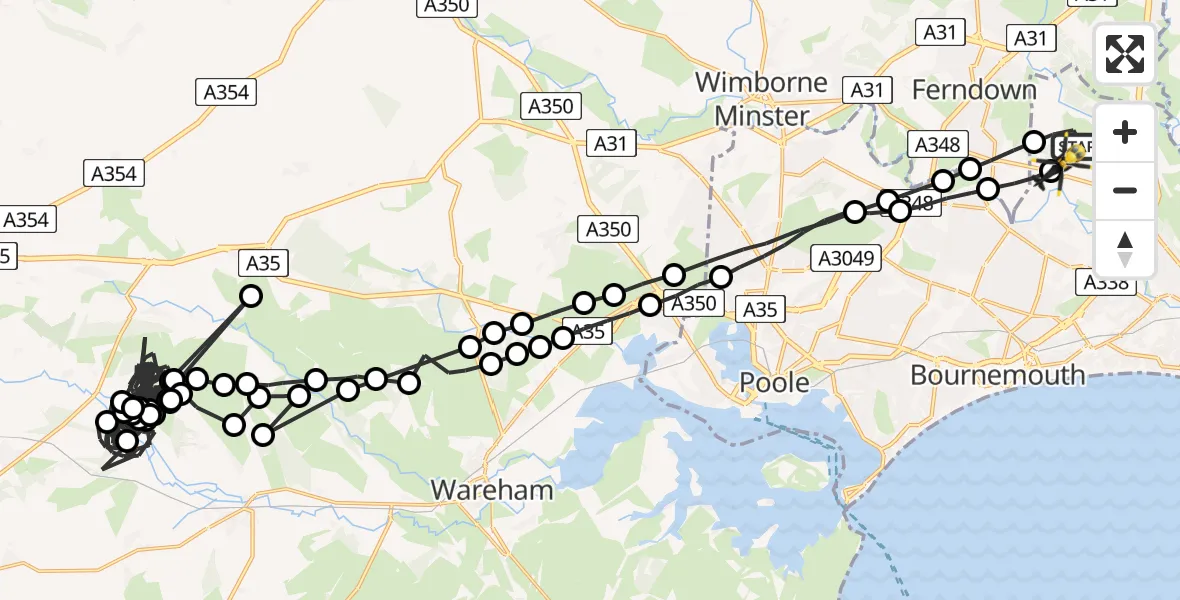 Flight route Police Helicopter Bournemouth Airport - Bournemouth Airport, 05 May 2026, 21:10
