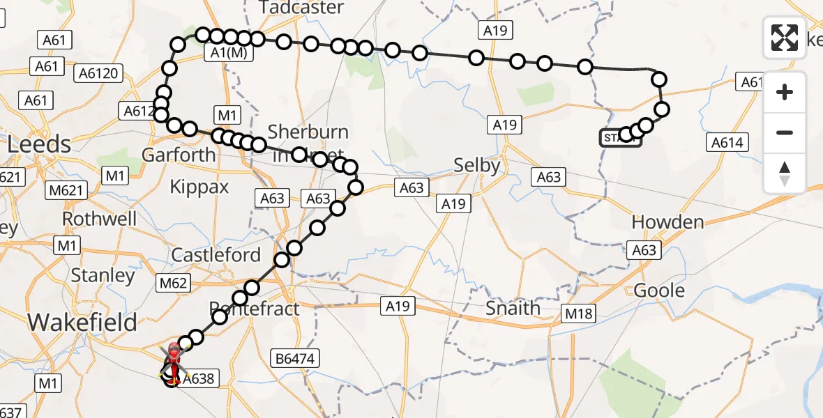 Flight route Air Ambulance Helicopter Breighton Airfield - YAA Nostell Helicopter Port, 05 May 2026, 21:24