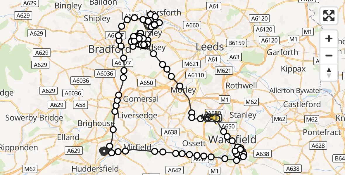 Flight route Police Helicopter East Ardsley - Wrenthorpe, 05 May 2026, 21:26