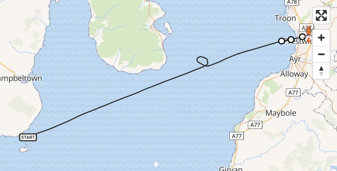 Flight route Coastguard Helicopter Inner Seas - Glasgow Prestwick Airport, 05 May 2026, 21:45