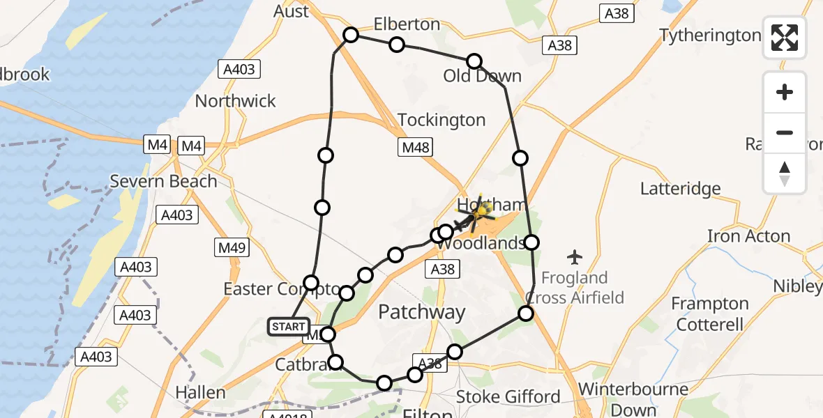 Flight route Police Helicopter Bristol - Almondsbury Helicopter Base, 05 May 2026, 21:50