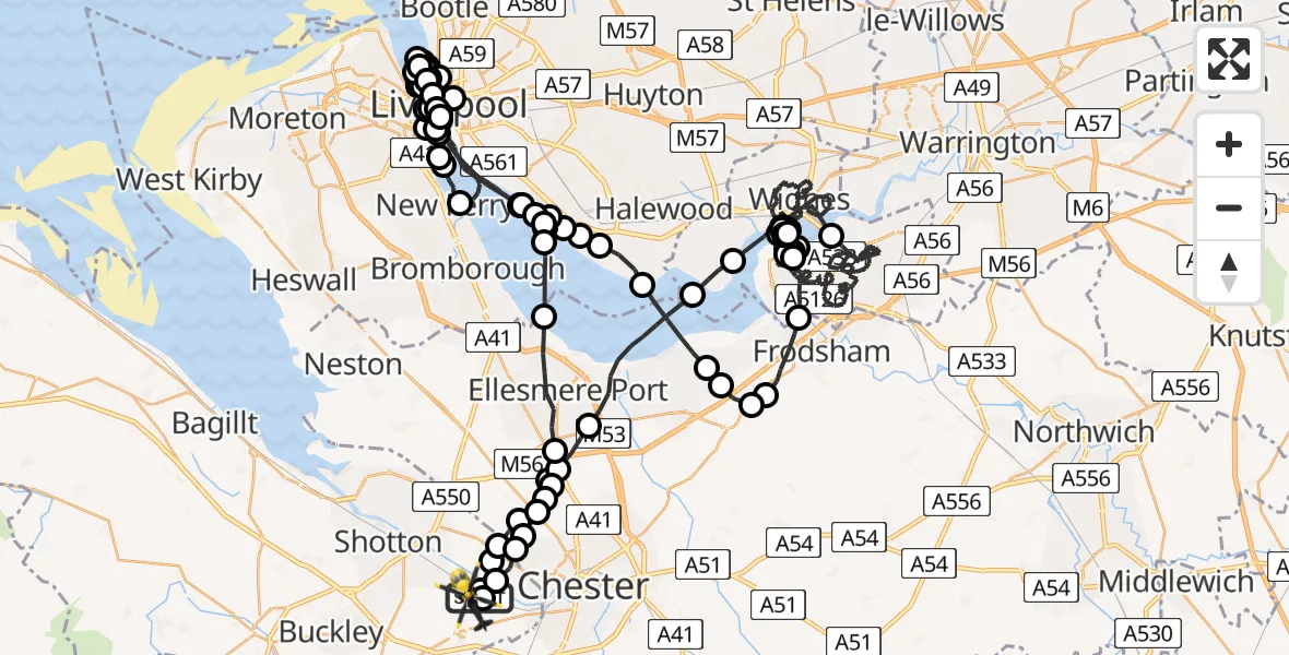 Flight route Police Helicopter Hawarden Airport - Hawarden Airport, 05 May 2026, 22:17