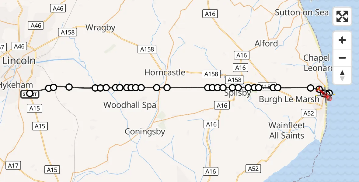 Flight route Air Ambulance Helicopter RAF Waddington - Skegness, 05 May 2026, 22:28