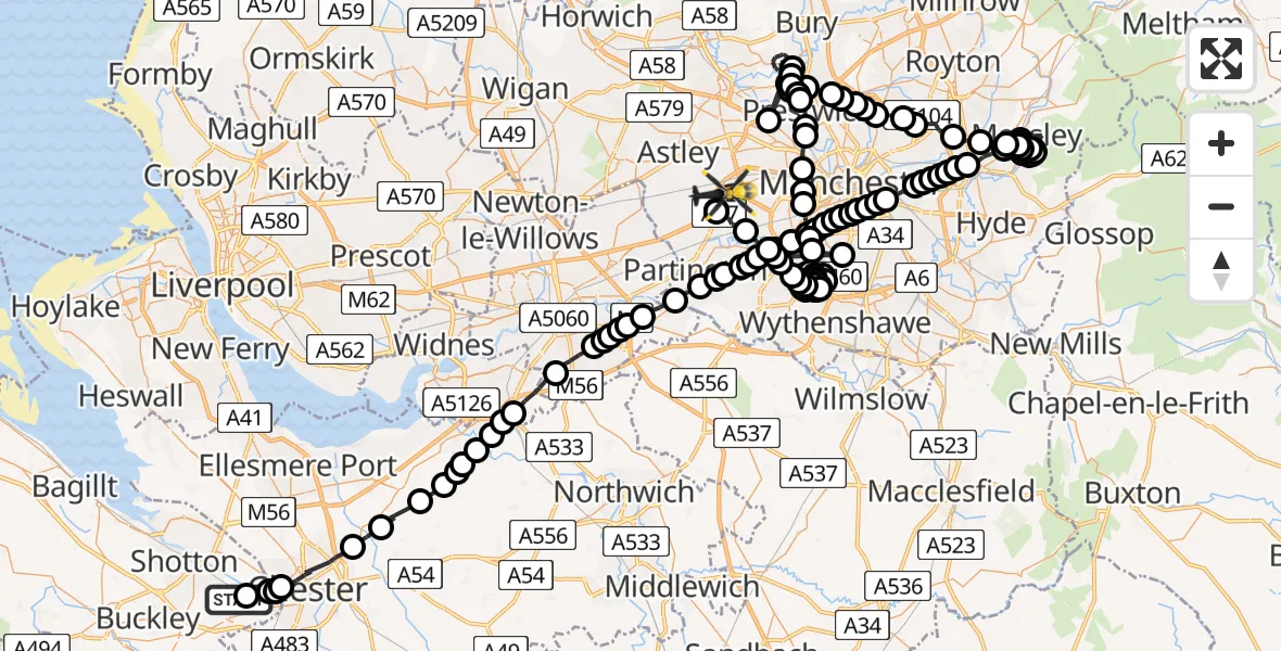 Flight route Police Helicopter Hawarden Airport - Manchester Barton Aerodrome, 05 May 2026, 22:38