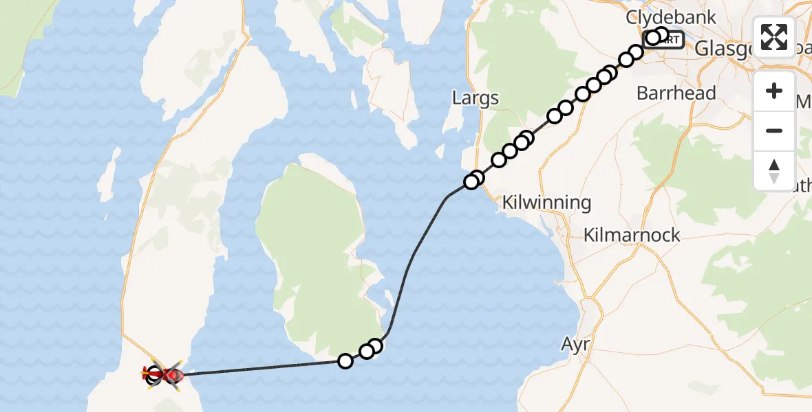 Flight route Air Ambulance Helicopter Glasgow Airport - Campbeltown, 05 May 2026, 23:02