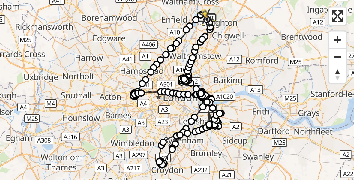 Flight route Police Helicopter Metropolitan Police Air Support Unit Lippitts Hill - Metropolitan Police Air Support Unit Lippitts Hill, 05 May 2026, 23:15