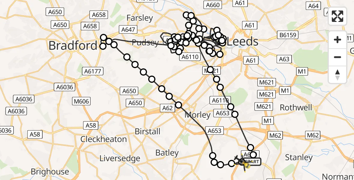 Flight route Police Helicopter Wrenthorpe - Wrenthorpe, 05 May 2026, 23:38