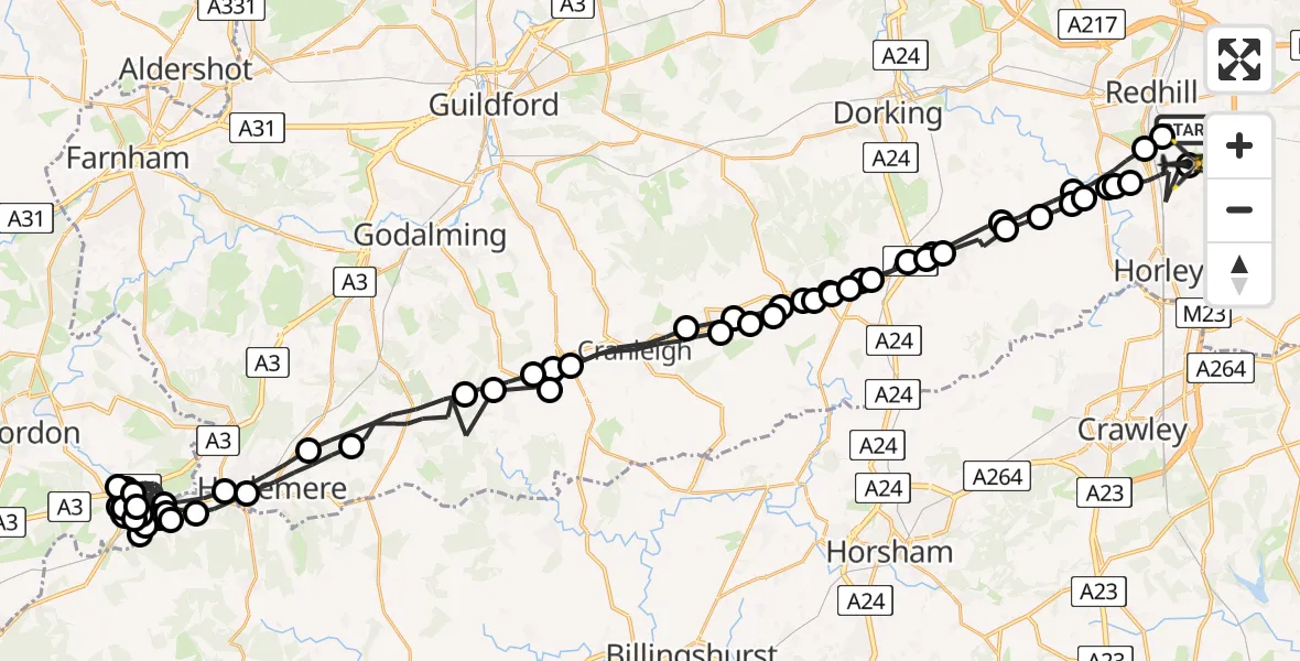 Flight route Police Helicopter South Nutfield - Redhill Aerodrome, 05 May 2026, 23:47