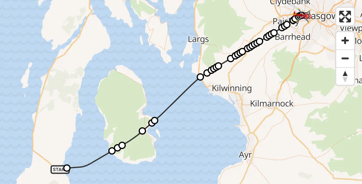 Flight route Air Ambulance Helicopter Campbeltown - Queen Elizabeth Hospital, 05 May 2026, 23:48