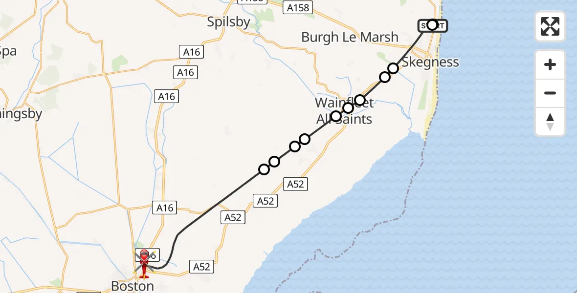 Flight route Air Ambulance Helicopter Skegness - Boston, 06 May 2026, 00:10