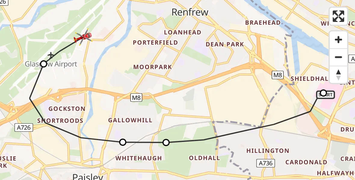 Flight route Air Ambulance Helicopter Queen Elizabeth Hospital - Glasgow Airport, 06 May 2026, 00:39