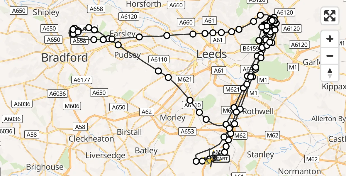 Flight route Police Helicopter Wrenthorpe - Wrenthorpe, 06 May 2026, 00:53