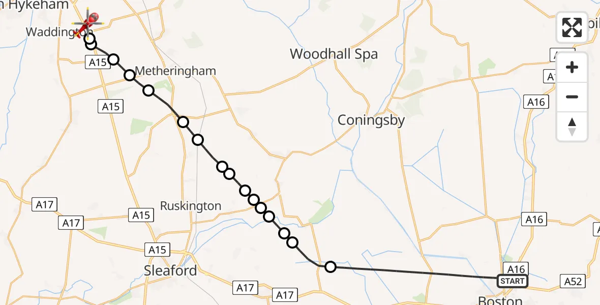 Flight route Air Ambulance Helicopter Boston - North Kesteven, 06 May 2026, 01:05