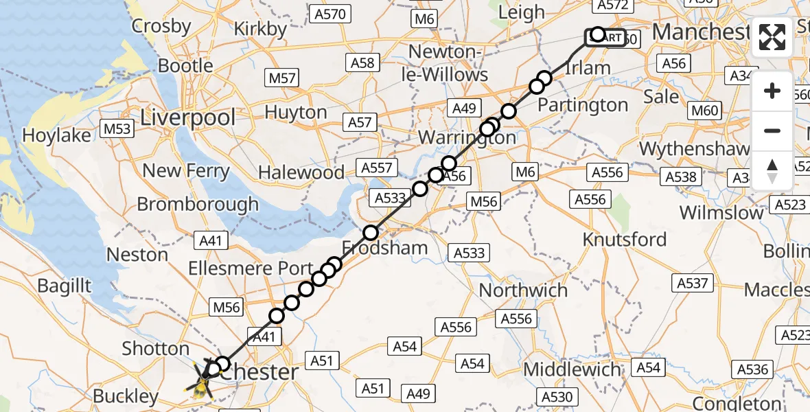 Flight route Police Helicopter Manchester Barton Aerodrome - Hawarden Airport, 06 May 2026, 03:13